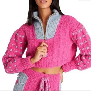 NWT LoveShackFancy Jonae Cropped Mock Zip Up XS Pink Pom Pom Sweater Half Zip